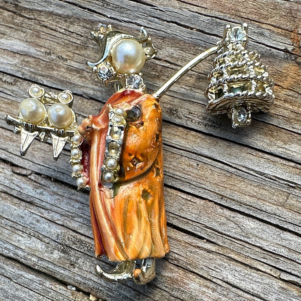 Vintage Silver and Gold Tone Enamel Brooch with Faux Pearls